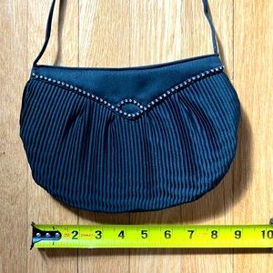 Beautiful, scalloped, vintage, black shoulder strap purse with rhinestone detail